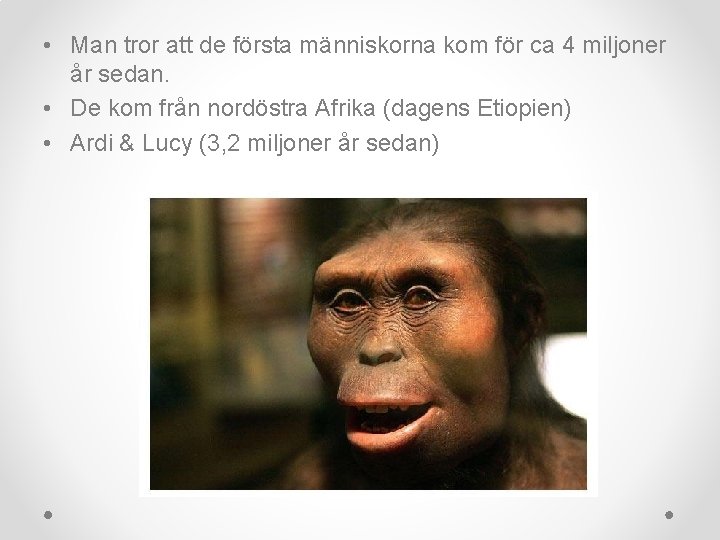 • Man tror att de första människorna kom för ca 4 miljoner år • Man tror att de första människorna kom för ca 4 miljoner år