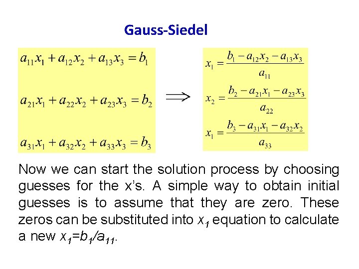 Gauss-Siedel Now we can start the solution process by choosing guesses for the x’s.