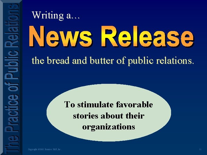 Writing a… the bread and butter of public relations. To stimulate favorable stories about