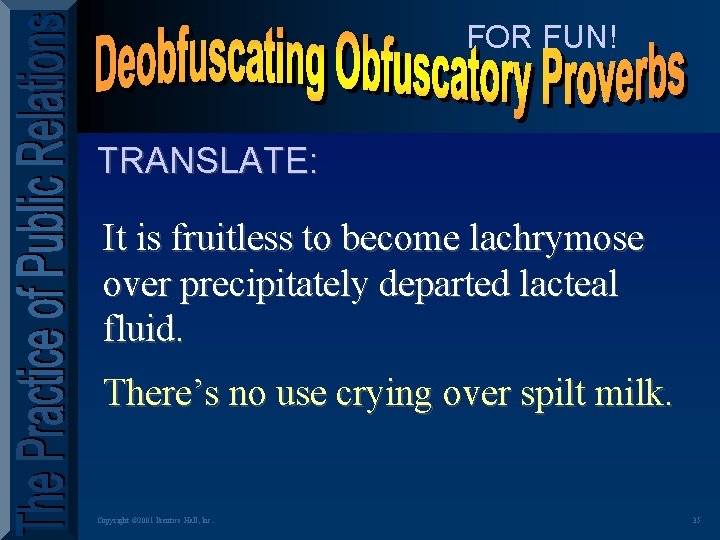 FOR FUN! TRANSLATE: It is fruitless to become lachrymose over precipitately departed lacteal fluid.