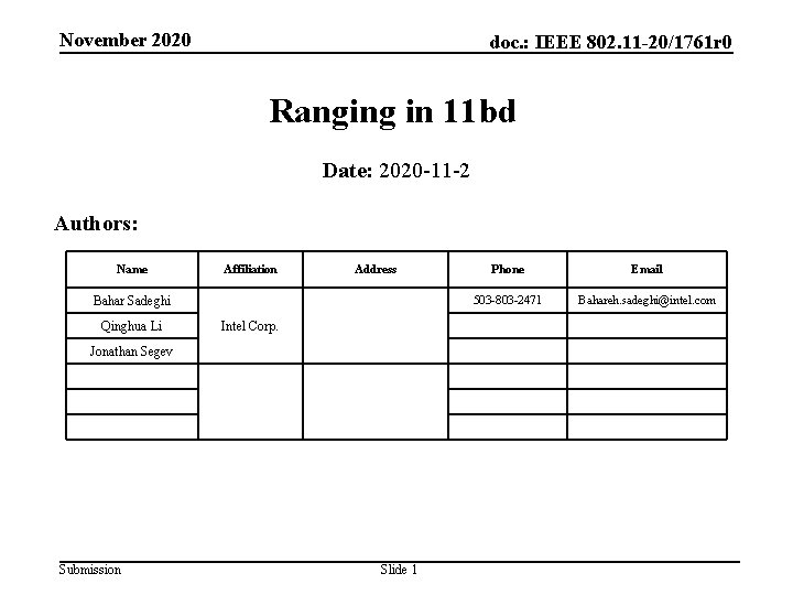 November 2020 doc. : IEEE 802. 11 -20/1761 r 0 Ranging in 11 bd