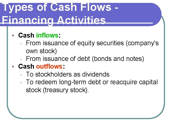 Types of Cash Flows Financing Activities Cash inflows: • From issuance of equity securities Types of Cash Flows Financing Activities Cash inflows: • From issuance of equity securities