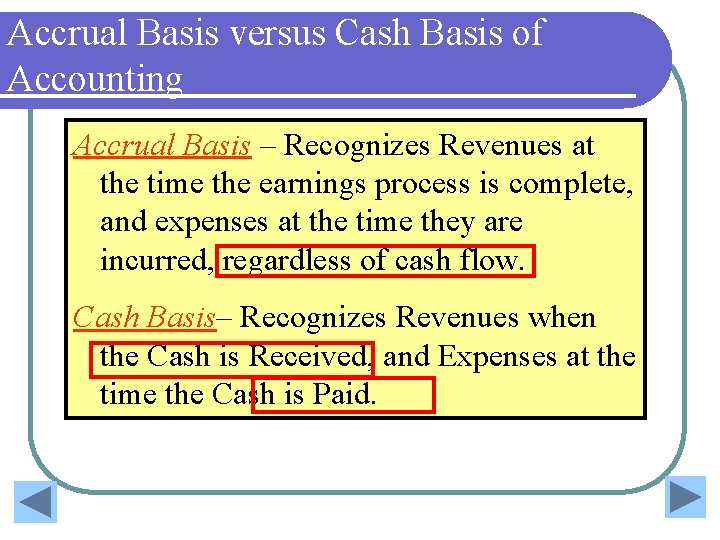 Accrual Basis versus Cash Basis of Accounting Accrual Basis – Recognizes Revenues at the Accrual Basis versus Cash Basis of Accounting Accrual Basis – Recognizes Revenues at the