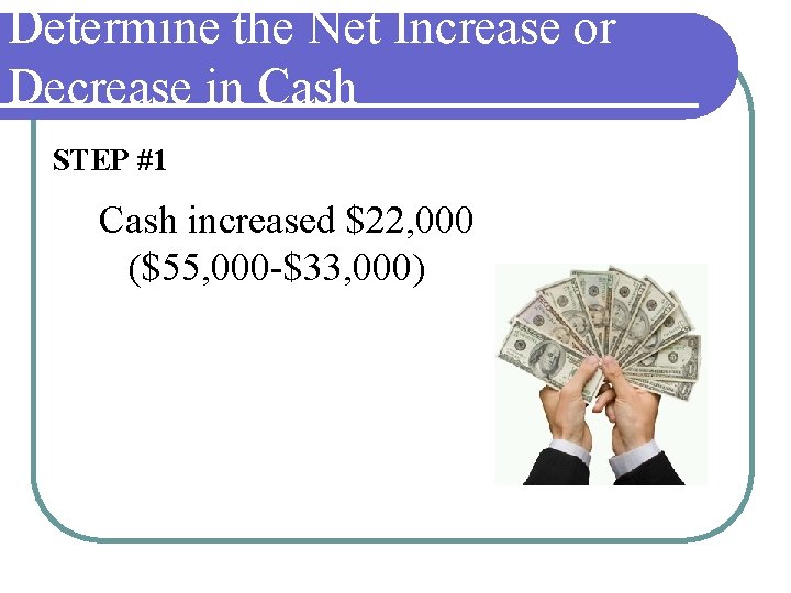 Determine the Net Increase or Decrease in Cash STEP #1 Cash increased $22, 000 Determine the Net Increase or Decrease in Cash STEP #1 Cash increased $22, 000