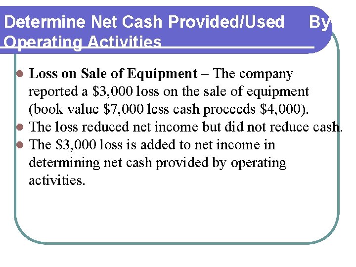 Determine Net Cash Provided/Used By Operating Activities Loss on Sale of Equipment – The Determine Net Cash Provided/Used By Operating Activities Loss on Sale of Equipment – The