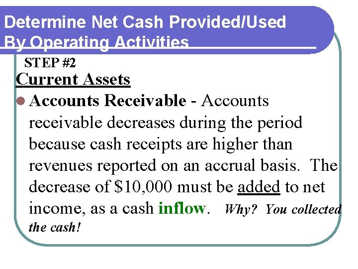 Determine Net Cash Provided/Used By Operating Activities STEP #2 Current Assets l Accounts Receivable Determine Net Cash Provided/Used By Operating Activities STEP #2 Current Assets l Accounts Receivable