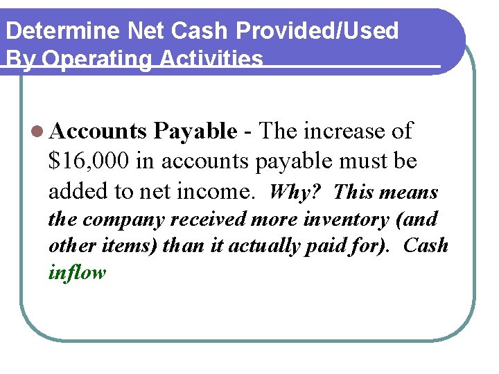 Determine Net Cash Provided/Used By Operating Activities l Accounts Payable - The increase of Determine Net Cash Provided/Used By Operating Activities l Accounts Payable - The increase of