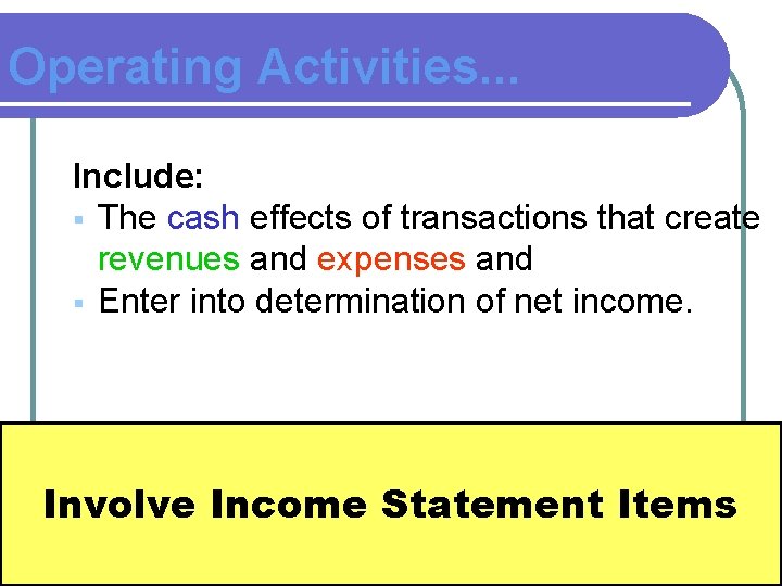 Operating Activities. . . Include: § The cash effects of transactions that create revenues Operating Activities. . . Include: § The cash effects of transactions that create revenues
