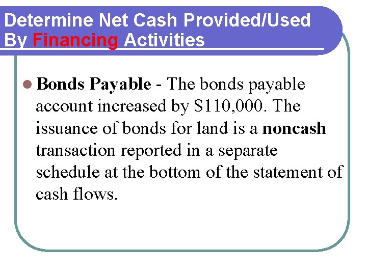 Determine Net Cash Provided/Used By Financing Activities l Bonds Payable - The bonds payable Determine Net Cash Provided/Used By Financing Activities l Bonds Payable - The bonds payable