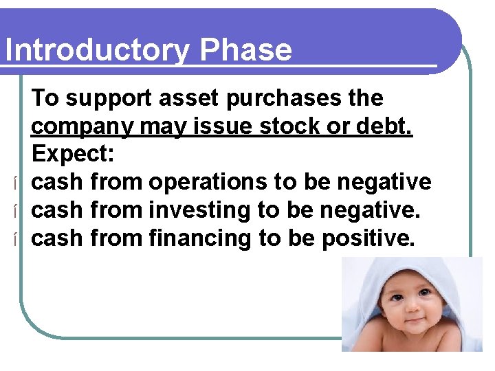 Introductory Phase To support asset purchases the company may issue stock or debt. Expect: Introductory Phase To support asset purchases the company may issue stock or debt. Expect: