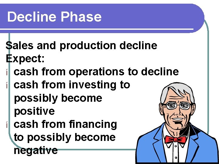 Decline Phase Sales and production decline Expect: í cash from operations to decline í Decline Phase Sales and production decline Expect: í cash from operations to decline í