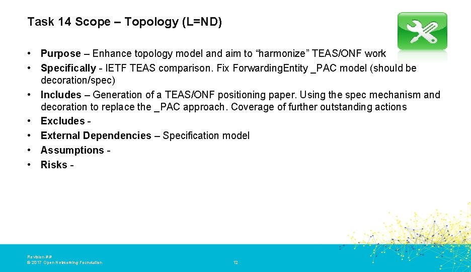 Task 14 Scope – Topology (L=ND) • Purpose – Enhance topology model and aim Task 14 Scope – Topology (L=ND) • Purpose – Enhance topology model and aim