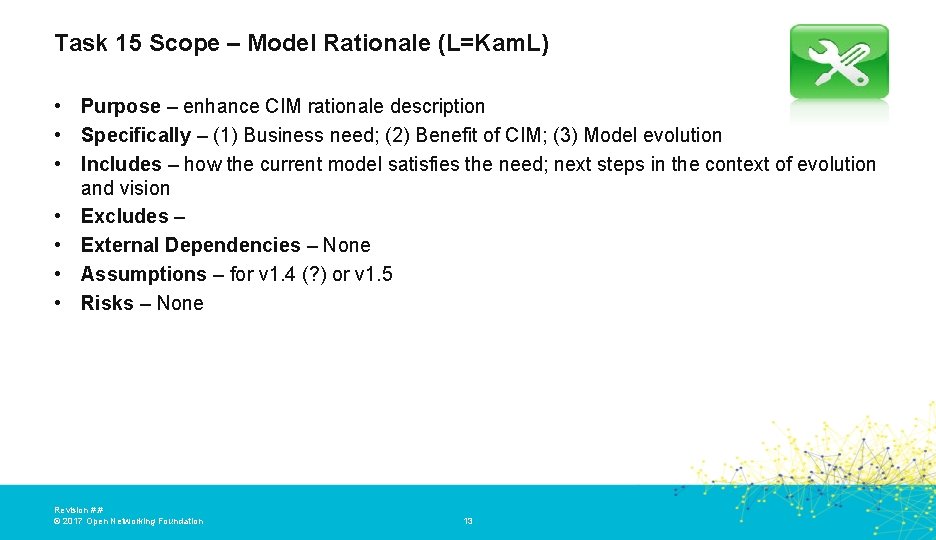 Task 15 Scope – Model Rationale (L=Kam. L) • Purpose – enhance CIM rationale Task 15 Scope – Model Rationale (L=Kam. L) • Purpose – enhance CIM rationale