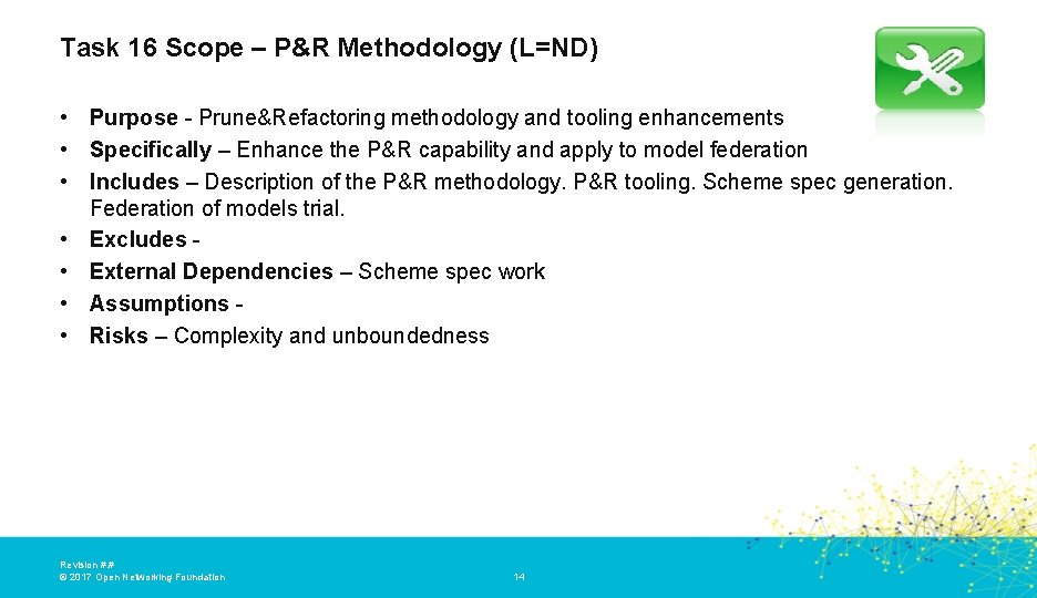 Task 16 Scope – P&R Methodology (L=ND) • Purpose - Prune&Refactoring methodology and tooling Task 16 Scope – P&R Methodology (L=ND) • Purpose - Prune&Refactoring methodology and tooling