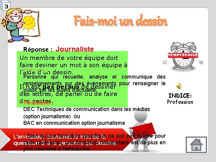 3 Fais-moi un dessin Réponse : Journaliste Un membre de votre équipe doit faire 3 Fais-moi un dessin Réponse : Journaliste Un membre de votre équipe doit faire