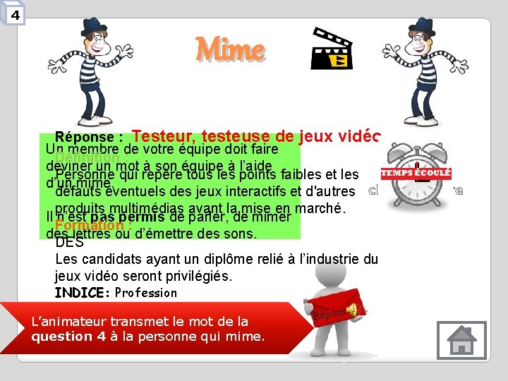 4 Mime Réponse : Testeur, testeuse de jeux vidéo Un membre de votre équipe