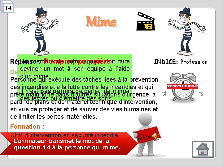 14 Mime Un membre de votre équipe doit faire INDICE: Profession Réponse : Pompier,