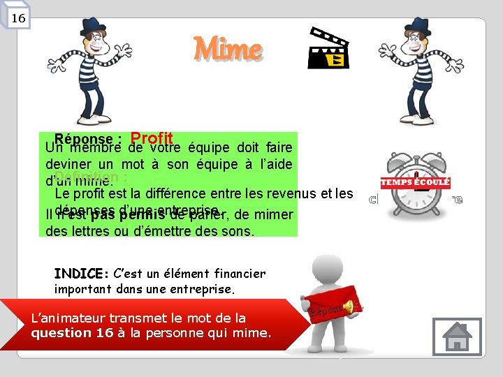 16 Mime Réponse : Profit Un membre de votre équipe doit faire deviner un