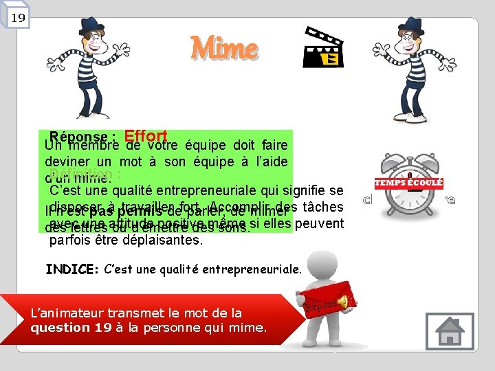 19 Mime Réponse : Effort Un membre de votre équipe doit faire deviner un 19 Mime Réponse : Effort Un membre de votre équipe doit faire deviner un