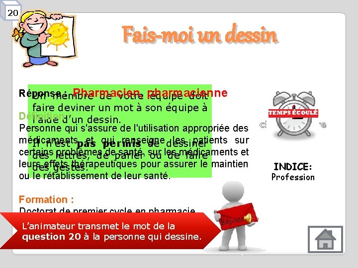 20 Fais-moi un dessin Réponse : Pharmacien, pharmacienne Un membre de votre équipe doit