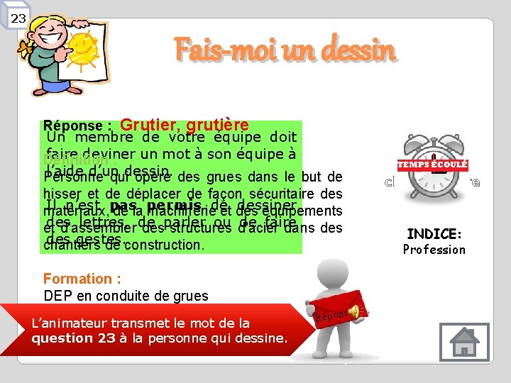 23 Fais-moi un dessin Réponse : Grutier, grutière Un membre de votre équipe doit