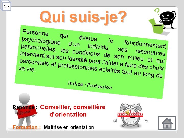 27 Qui suis-je? Personne qui évalue psychologi le que d'un fonctionnem individu, ent personnelle