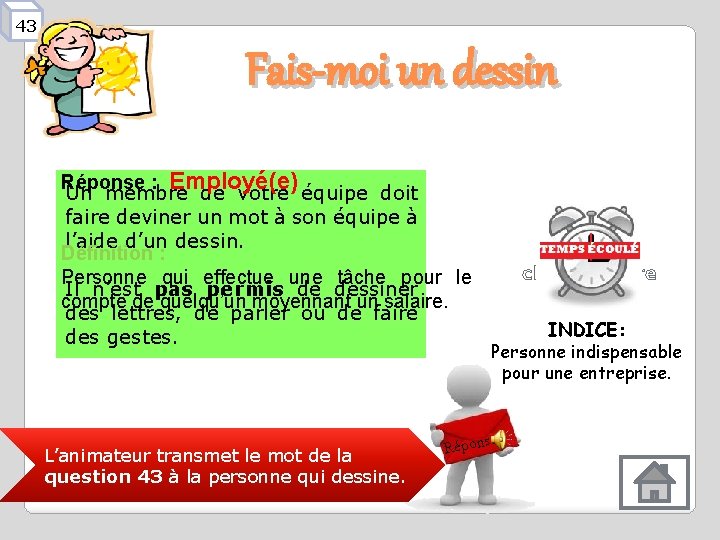 43 Fais-moi un dessin Réponse : Employé(e) Un membre de votre équipe doit faire