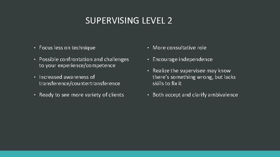 SUPERVISING LEVEL 2 • Focus less on technique • More consultative role • Possible