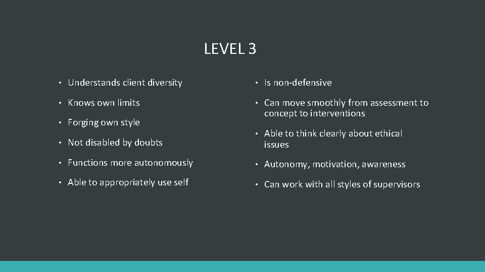 LEVEL 3 • Understands client diversity • Is non-defensive • Knows own limits •