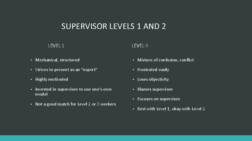 SUPERVISOR LEVELS 1 AND 2 LEVEL 1 LEVEL II • Mechanical, structured • Mixture