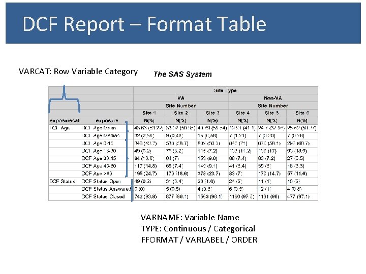 DCF Report – Format Table VARCAT: Row Variable Category VARNAME: Variable Name TYPE: Continuous