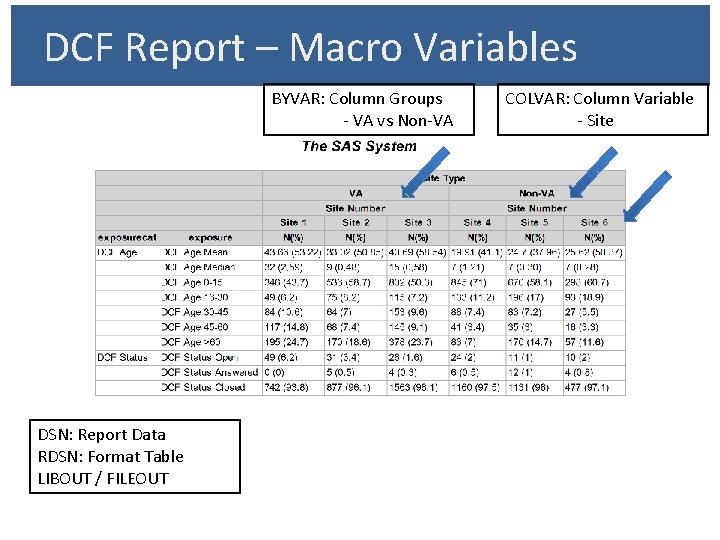 DCF Report – Macro Variables BYVAR: Column Groups - VA vs Non-VA DSN: Report