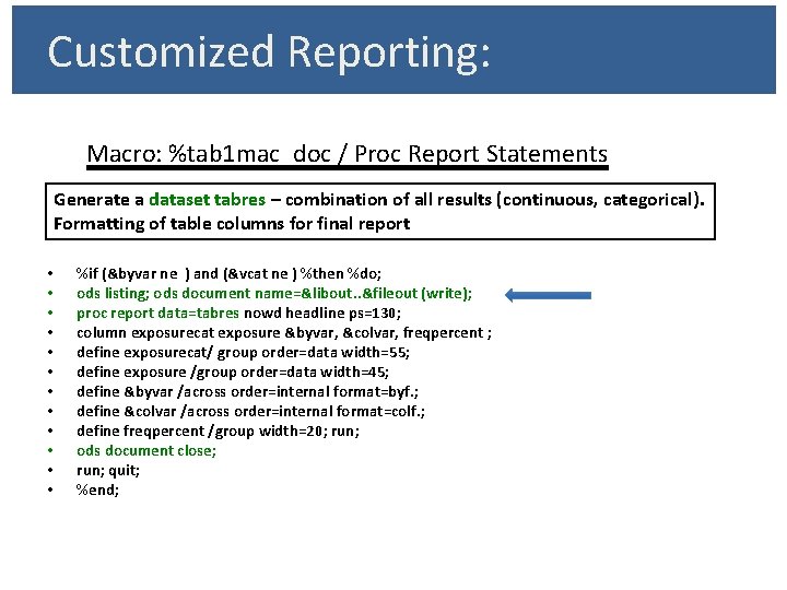 Customized Reporting: Macro: %tab 1 mac_doc / Proc Report Statements • • • Generate