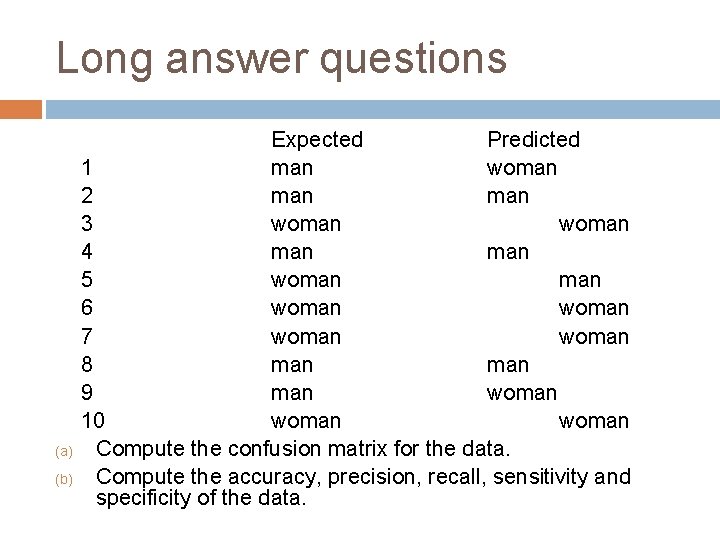 Long answer questions (a) (b) Expected Predicted 1 man woman 2 man 3 woman