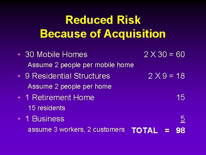 Reduced Risk Because of Acquisition • 30 Mobile Homes 2 X 30 = 60