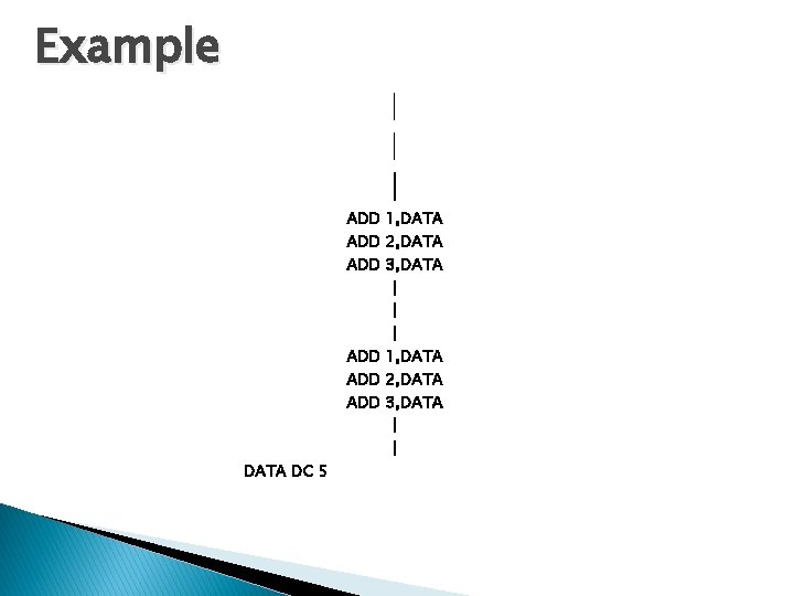 Example | | | DATA DC 5 ADD 1, DATA ADD 2, DATA ADD