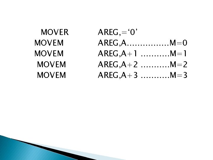 MOVER MOVEM AREG, =‘ 0’ AREG, A……………. M=0 AREG, A+1 ………. . M=1 AREG,