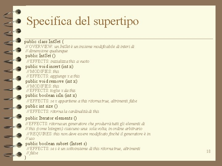 Specifica del supertipo public class Int. Set { // OVERVIEW: un Int. Set è