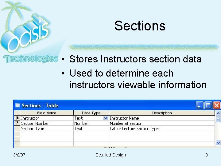Sections • Stores Instructors section data • Used to determine each instructors viewable information Sections • Stores Instructors section data • Used to determine each instructors viewable information