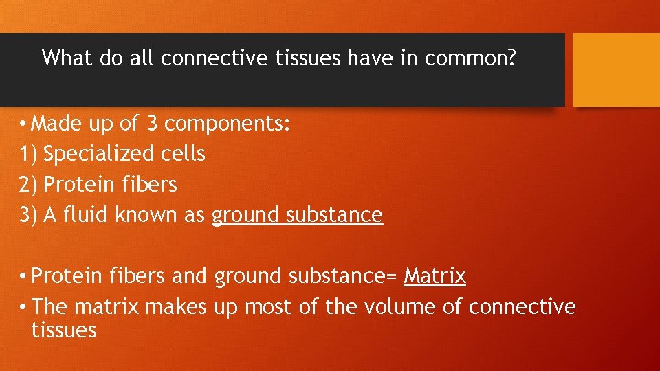 What do all connective tissues have in common? • Made up of 3 components: