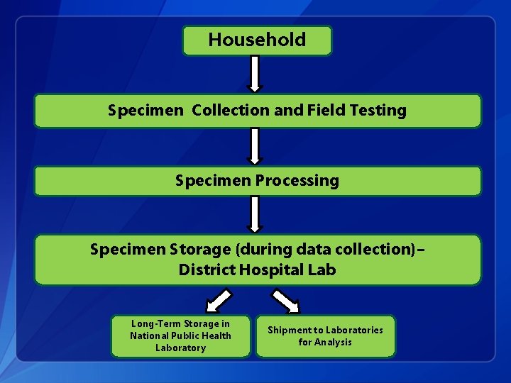 Household Specimen Collection and Field Testing Specimen Processing Specimen Storage (during data collection)– District