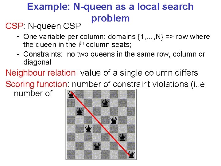 Example: N-queen as a local search problem CSP: N-queen CSP - One variable per
