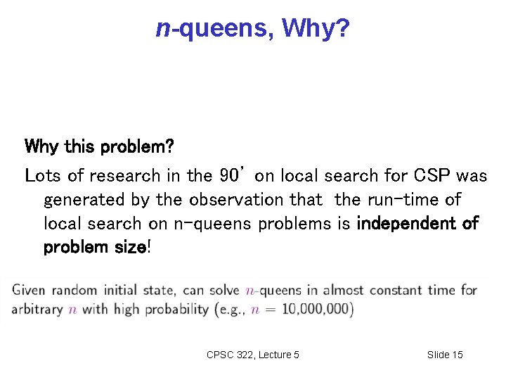 n-queens, Why? Why this problem? Lots of research in the 90’ on local search