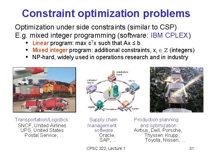 Constraint optimization problems Optimization under side constraints (similar to CSP) E. g. mixed integer