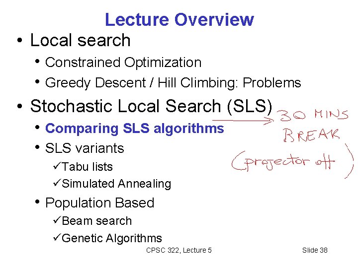 Lecture Overview • Local search • Constrained Optimization • Greedy Descent / Hill Climbing: