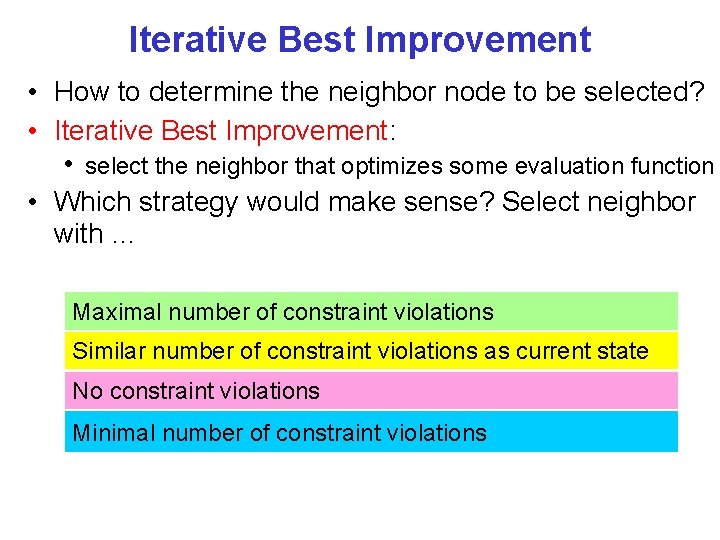 Iterative Best Improvement • How to determine the neighbor node to be selected? •