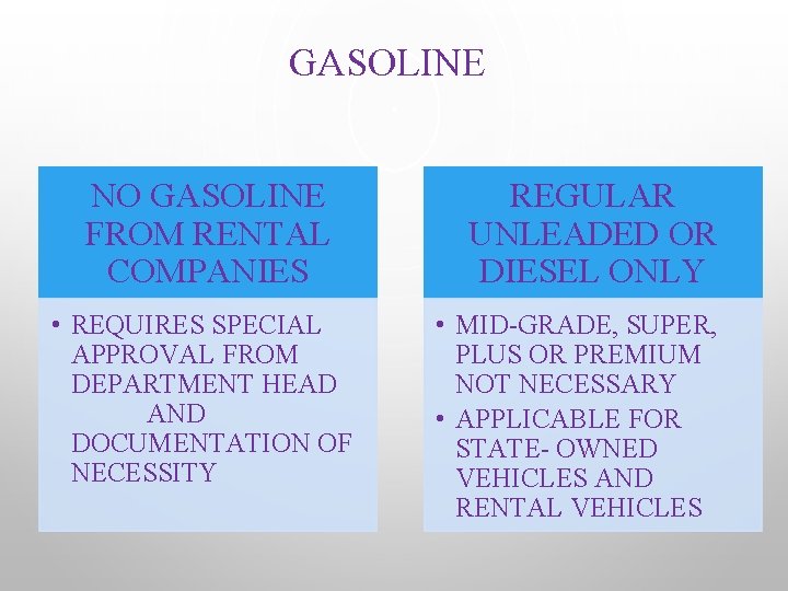 GASOLINE NO GASOLINE FROM RENTAL COMPANIES • REQUIRES SPECIAL APPROVAL FROM DEPARTMENT HEAD AND