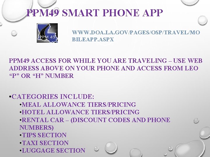 PPM 49 SMART PHONE APP WWW. DOA. LA. GOV/PAGES/OSP/TRAVEL/MO BILEAPP. ASPX PPM 49 ACCESS