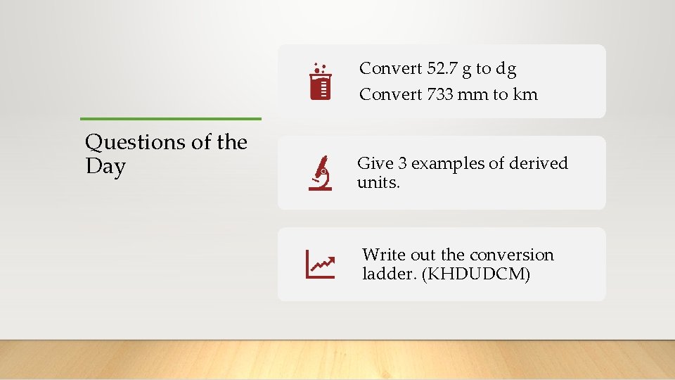 Convert 52. 7 g to dg Convert 733 mm to km Questions of the