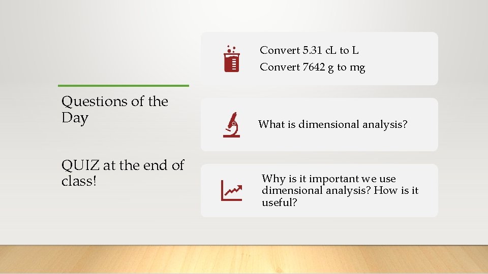 Convert 5. 31 c. L to L Convert 7642 g to mg Questions of
